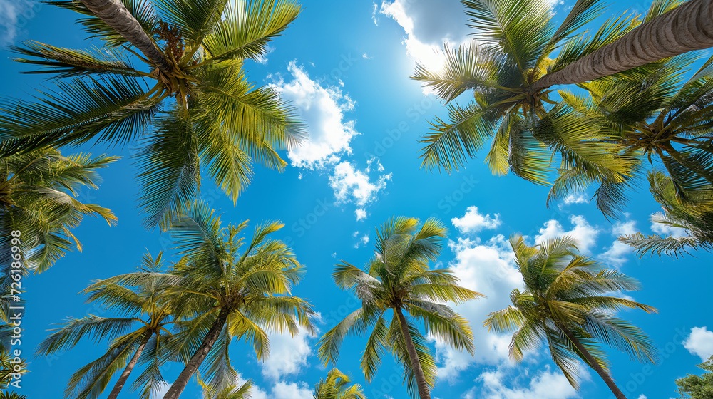 Obraz premium From below palm trees, plane on the sky, summer