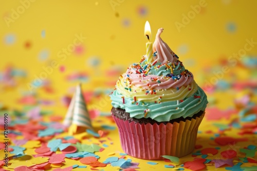 Colorful birthday cupcake with candle and confetti