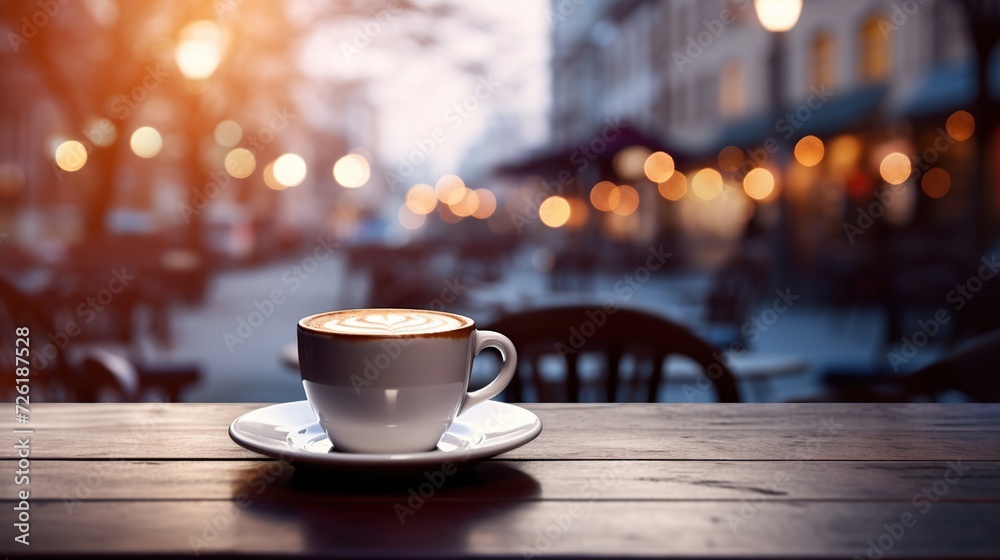 Hot fresh coffee on cafe table,blurred light background