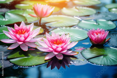 Beautiful pink water lily flower with leaves in a pond  beauty in nature concept banner for wellness  cosmetics  recreation