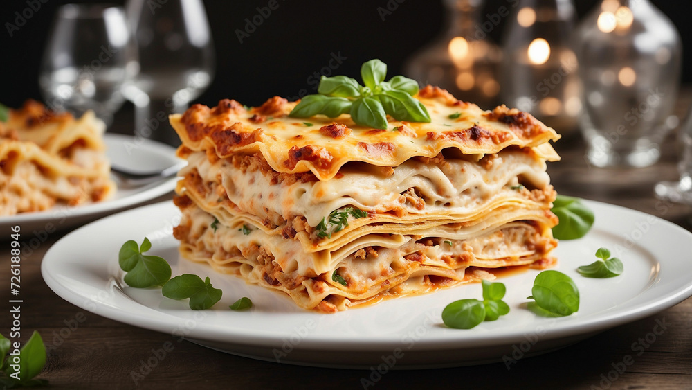 Aesthetics of gourmet chicken lasagna as it takes center stage on a pristine white plate, harmonizing with the warmth of a wooden table beneath Aesthetics of gourmet chicken lasagna as it takes center stage on a pristine white plate, harmonizing with the warmth of a wooden table beneath