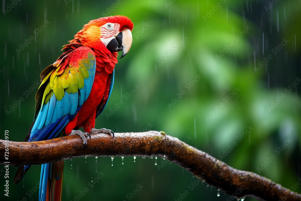 beautiful macaw parrot bird in rain forest wildlife scene