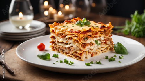 Aesthetics of gourmet chicken lasagna as it takes center stage on a pristine white plate, harmonizing with the warmth of a wooden table beneath