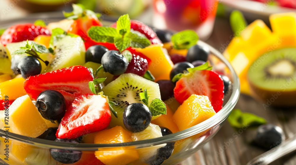 Bowl of healthy fresh fruit salad on wooden background. Generative Ai Bowl of healthy fresh fruit salad on wooden background. Generative Ai