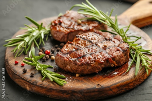 Grilled steaks with rosemary and spices on wooden board