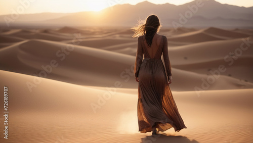 woman in a long dress walking in the desert  wandering the desert landscape  sunset in the desert