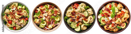 A plate of Tortellini salad with chicken and bacon, top view