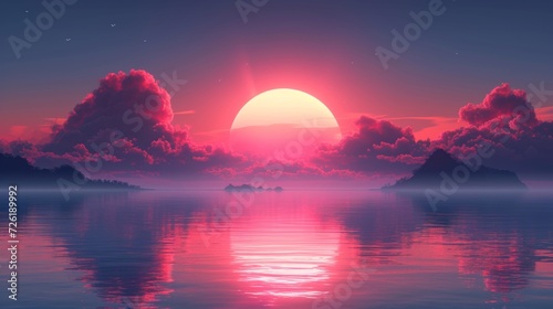 Fantasy landscape. Sunrise over the sea. illustration. EPS 10 - Generative AI