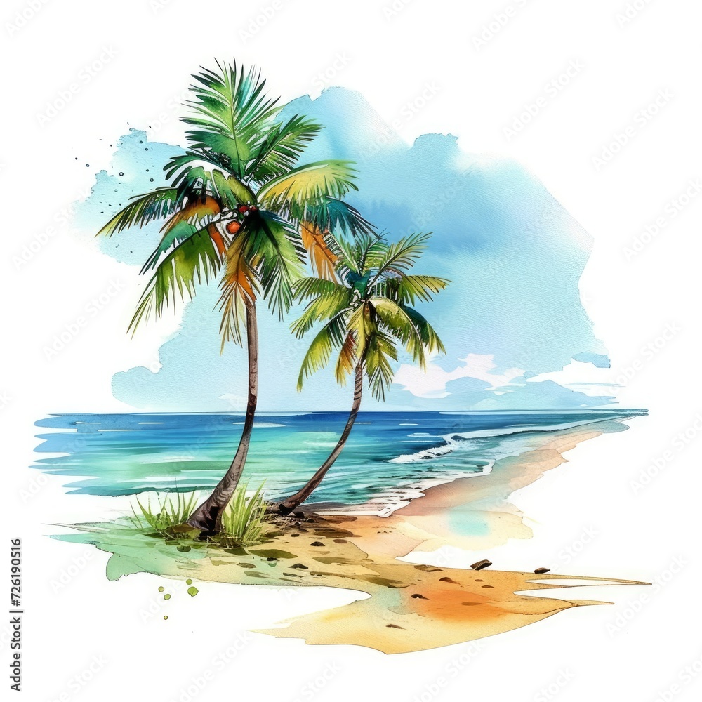 Holiday summer travel vacation illustration  - Watercolor painting of palms, palm tree on teh beach with ocean sea, design for logo or t shirt, isolated on white background, Generative AI 