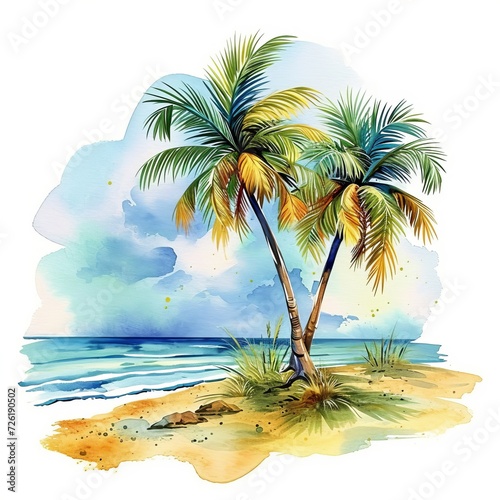 Holiday summer travel vacation illustration - Watercolor painting of palms, palm tree on teh beach with ocean sea, design for logo or t shirt, isolated on white background, Generative AI 