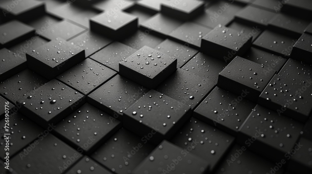 3d rendering of black blocks with water drops. Abstract background. - Generative AI