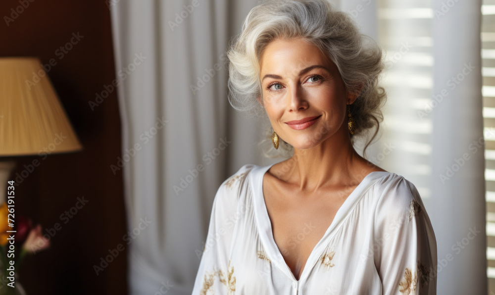 Elegant Senior Woman with White Hair and a Charming Smile Wearing a Classic White Blouse, Golden Earrings, and a Warm Welcoming Expression Elegant Senior Woman with White Hair and a Charming Smile Wearing a Classic White Blouse, Golden Earrings, and a Warm Welcoming Expression
