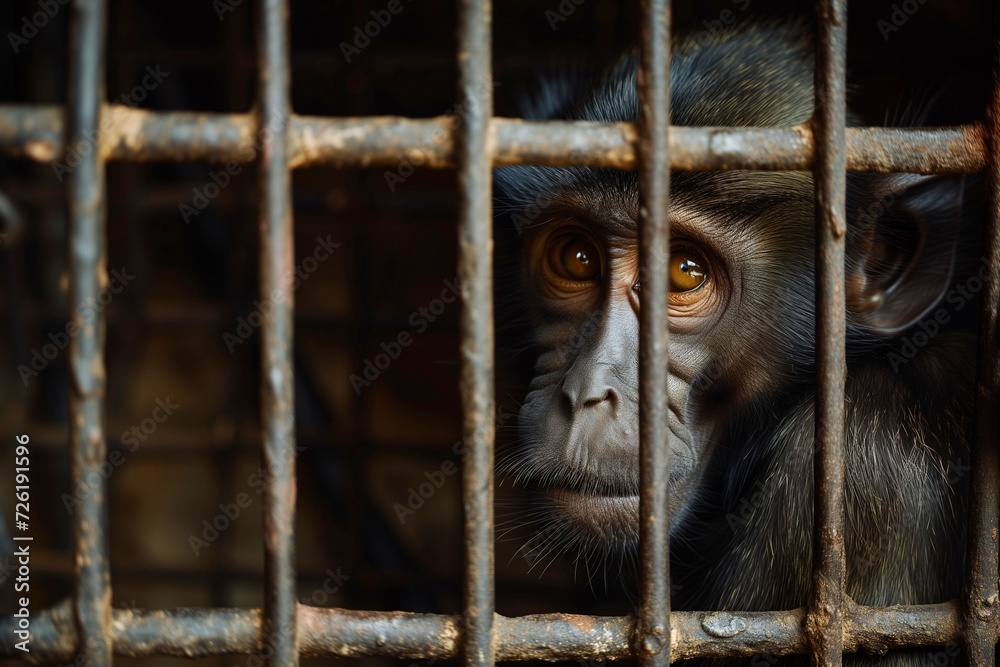 Naklejka premium A monkey trapped in an iron cage, its sad eyes evoking empathy, Wildlife Animals, Generative AI.
