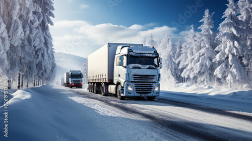 Commercial freight trucks driving through a snow-covered forest road under a bright winter sky, illustrating transportation during the snowy season