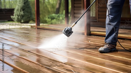power washer - high water pressure cleaner on wooden patio surfaces