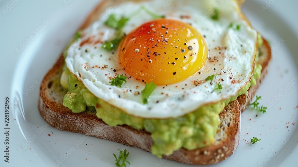 Avocado toast with fried egg on white plate. Close up. Banner. Avocado toast with fried egg on white plate. Close up. Banner.