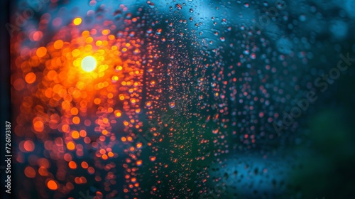 Rain drops on window glass with bokeh light, abstract background - Generative AI