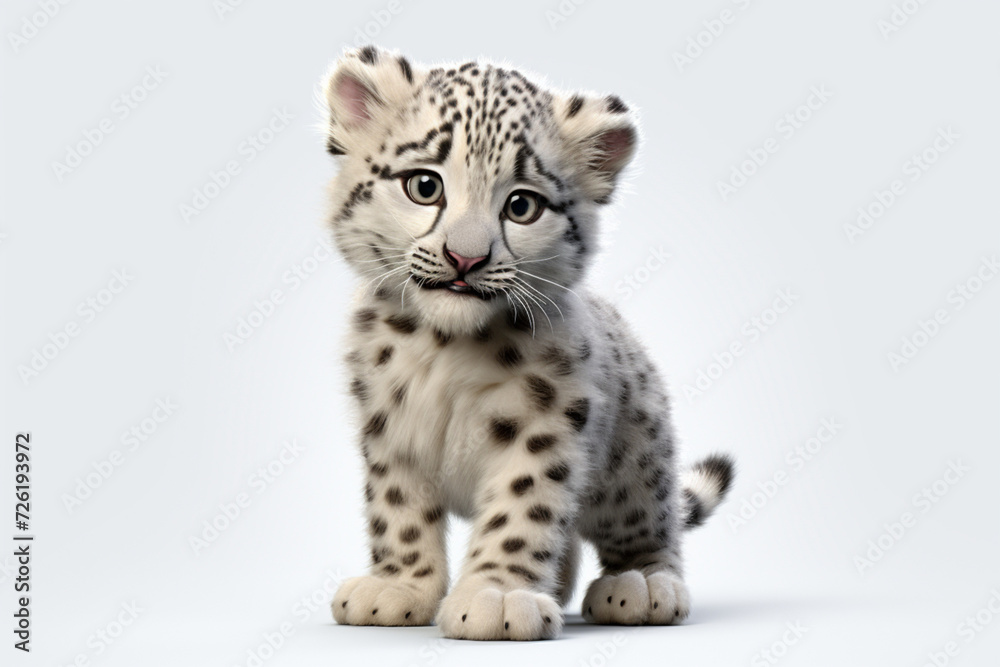 Snow Leopard cub on a white background. Adorable 3D cartoon animal portrait. Snow Leopard cub on a white background. Adorable 3D cartoon animal portrait.