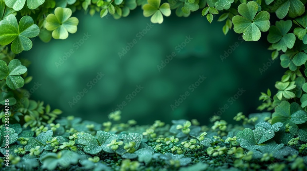 Obraz premium Green clover leaves with water drops. St. Patrick's Day background - Generative AI