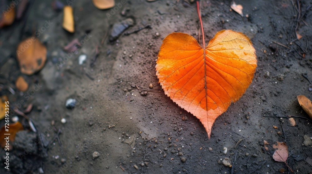 Bright vibrant fallen leaf in heart shape on dirty surface, top view, close up photo Bright vibrant fallen leaf in heart shape on dirty surface, top view, close up photo