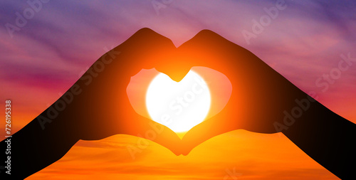 Silhouette of couple's arms holding hands at sunset. Celebrate Valentines Day. 3d illustration