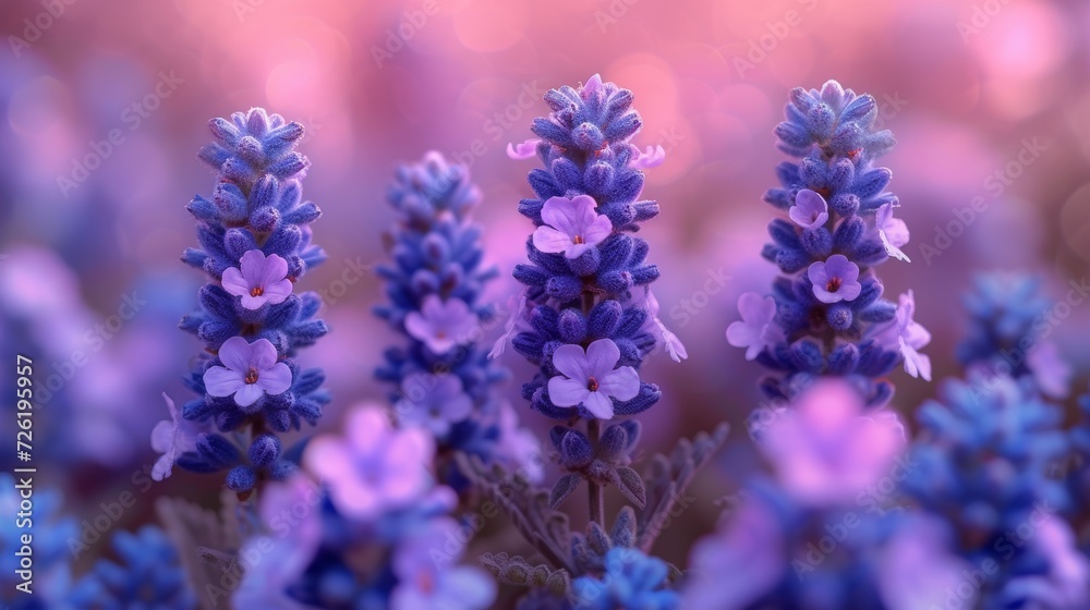 Beautiful lavender flowers on a background of pink bokeh - Generative AI Beautiful lavender flowers on a background of pink bokeh - Generative AI