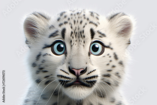 Snow Leopard cub on a white background. Adorable 3D cartoon animal close-up portrait.