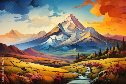 Majestic Mountain Landscape Painting, Unique Artwork for Greeting Cards or Poster Prints, Home Decor and Design Background, Artistic Wallpaper, Color Backdrop