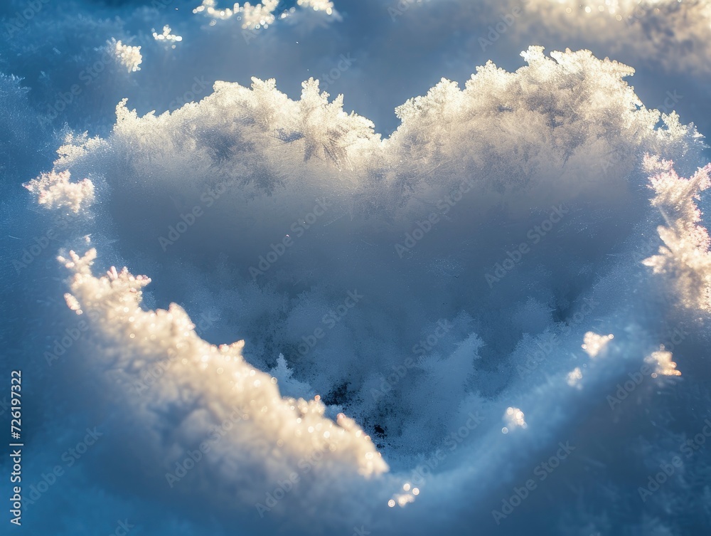 Fototapeta premium Snow crystals form a heart shape on the icy surface, close up photo, top view, sunny winter day
