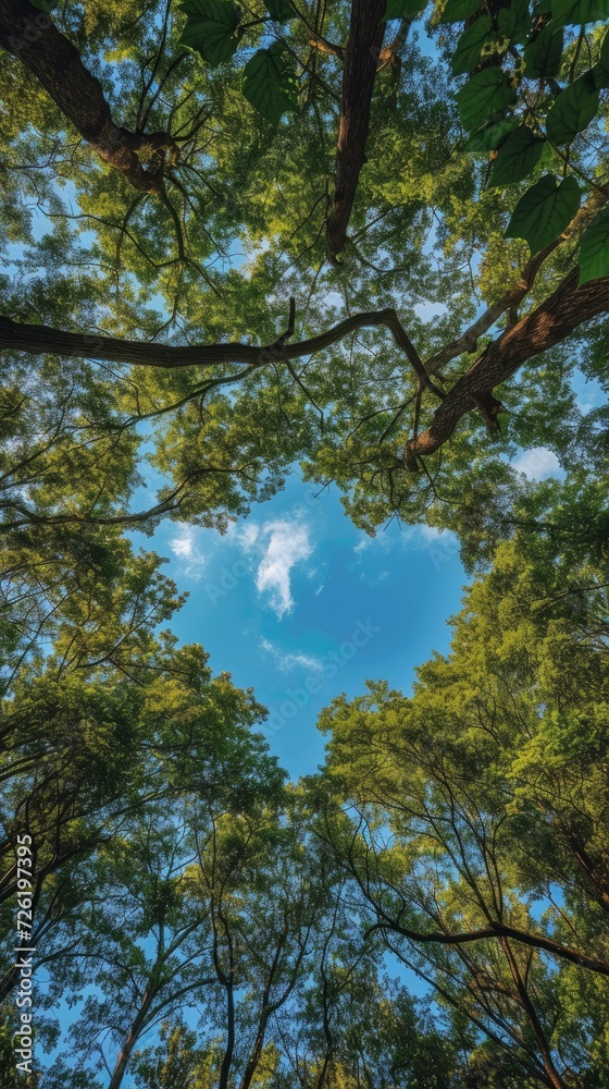 Obraz premium Thick and lush tree branches form a heart shape through which you can see the beautiful blue sky, summer day, forest, bottom up view