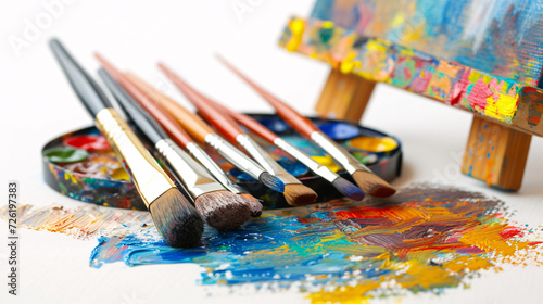 A Colorful Display of Art Supplies: Paint Brushes, Palette, and Canvas Covered in Vibrant Paints for the Inspired Artist - A Perfect Scene for Art Enthusiasts and Home Decor Inspiration