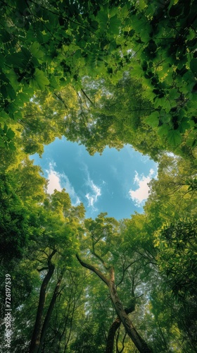 Thick and lush trees form a heart shape through which you can see the beautiful blue sky  summer day  forest  bottom up view