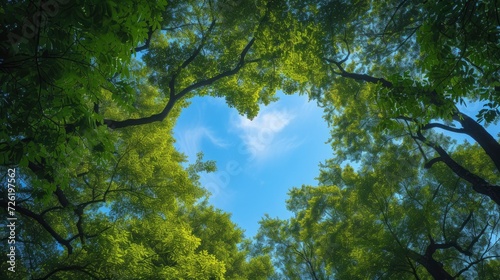 Thick and lush tree branches form a heart shape through which you can see the beautiful blue sky  summer day  forest  bottom up view