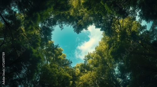 Thick and lush trees form a heart shape through which you can see the beautiful blue sky, summer day, forest, bottom up view