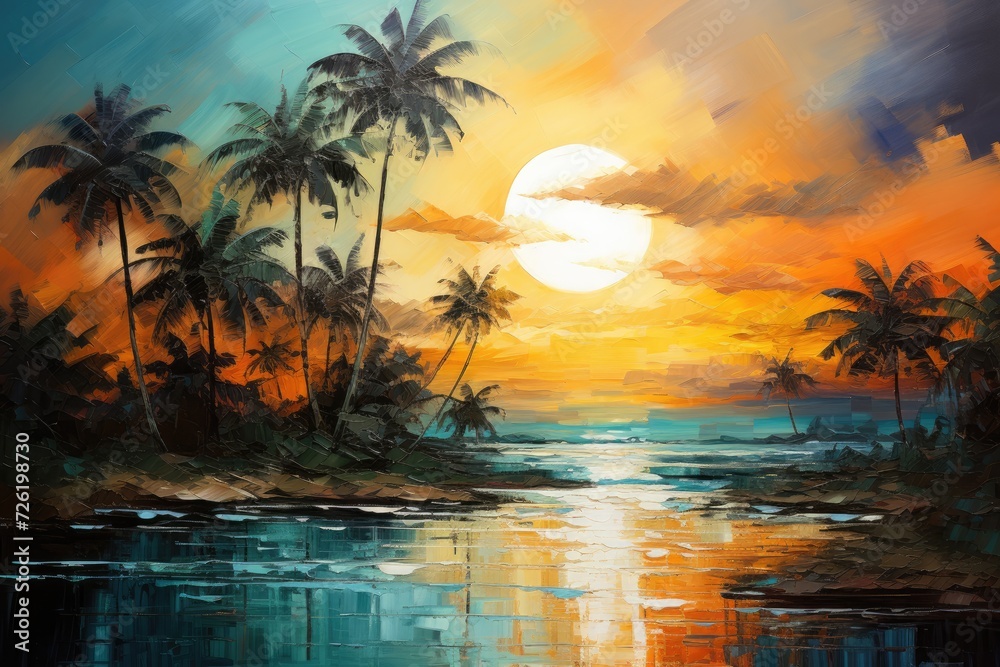 Tropical Landscape Painting, Unique Artwork for Greeting Cards or Poster Prints, Home Decor and Design Background, Artistic Wallpaper, Color Backdrop