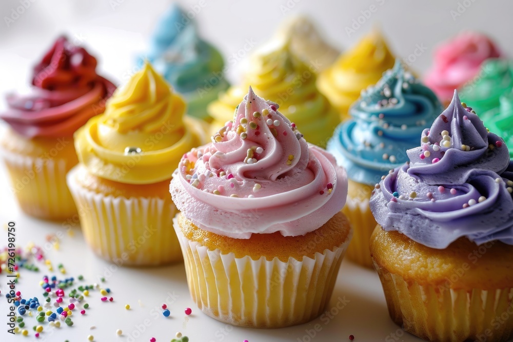 Colorful cupcakes on white background.