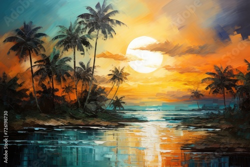 Tropical Landscape Painting  Unique Artwork for Greeting Cards or Poster Prints  Home Decor and Design Background  Artistic Wallpaper  Color Backdrop
