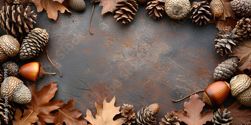 Pine Cones and Nuts Galore on a Beautiful Wooden Background .