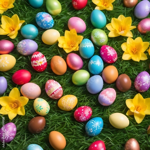 Easter flat lay of colourful chocolate easter eggs on grass surrounded by spring daffodils