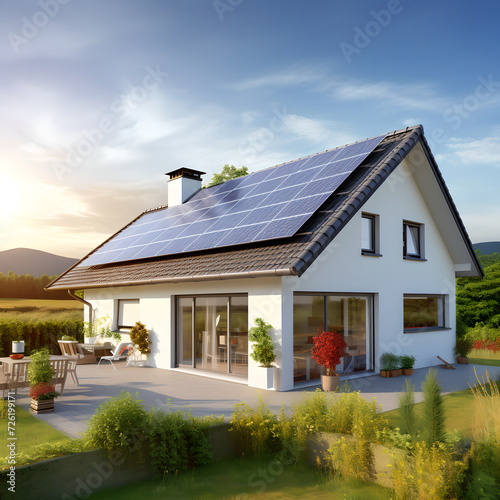 A modern eco-friendly passive house with a photovoltaic system on the roof, solar panels on the gable roof, and a landscaped yard. New suburban house