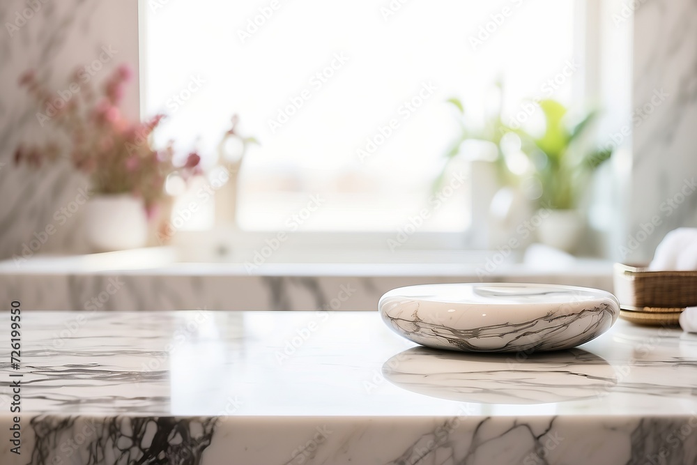 Marble Table Top with Blurred Bathroom Interior Background. Generative AI.