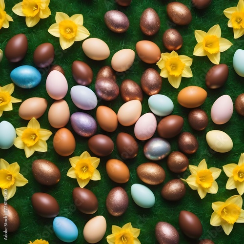 Easter flat lay of colourful chocolate easter eggs on grass surrounded by spring daffodils