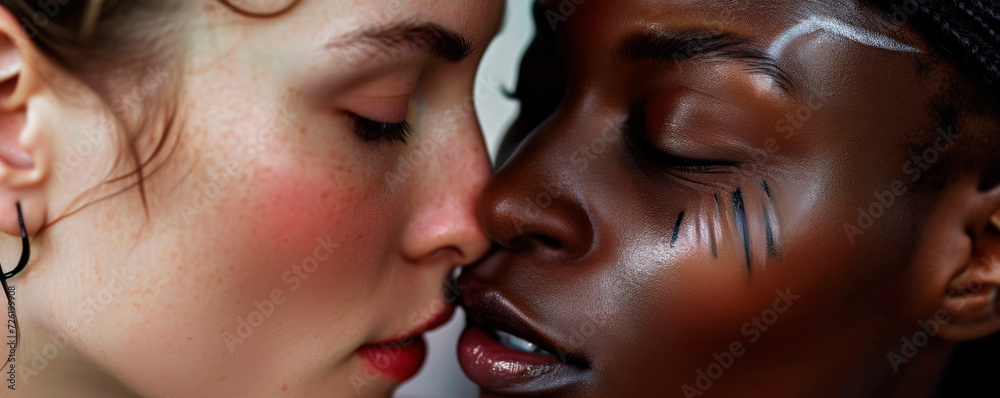 Sexy lesbian lovers kissing, foreplay. Closeup of pair women mouths kissing. Sensual lips kisses of two beautiful sexy lesbian women on a dark background. AI generated. Sexy lesbian lovers kissing, foreplay. Closeup of pair women mouths kissing. Sensual lips kisses of two beautiful sexy lesbian women on a dark background. AI generated.