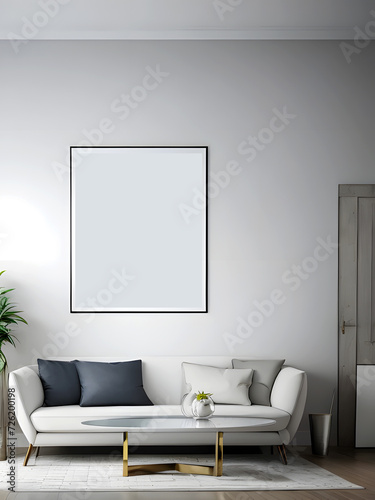 Mockup poster frame on the wall of living room. Luxurious apartment background with contemporary design. Modern interior design. 3D render, 3D illustration. © fahim