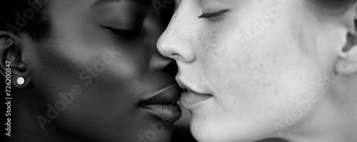 Sexy lesbian lovers kissing, foreplay. Closeup of pair women mouths kissing. Sensual lips kisses of two beautiful sexy lesbian women on a dark background. AI generated.