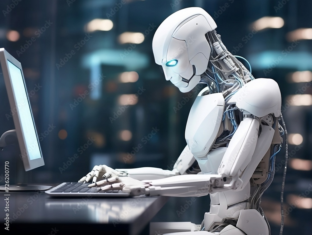 Futuristic robot with computer in office Futuristic robot with computer in office
