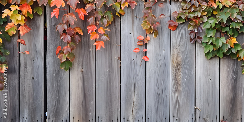 The texture of a wooden fence with vertical gray boards. Between the planks sticking out of the tree branches with copy space The texture of a wooden fence with vertical gray boards. Between the planks sticking out of the tree branches with copy space