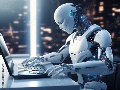 Futuristic robot with computer in office