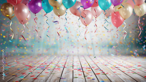 Festive colorful balloons and confetti background with room for copy space for a banner or sign
