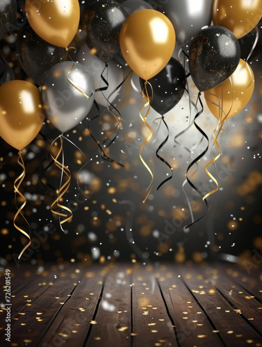 Floating silver, gold, and black balloons and confetti background for graduation, anniversary, or birthday, with room for copy space